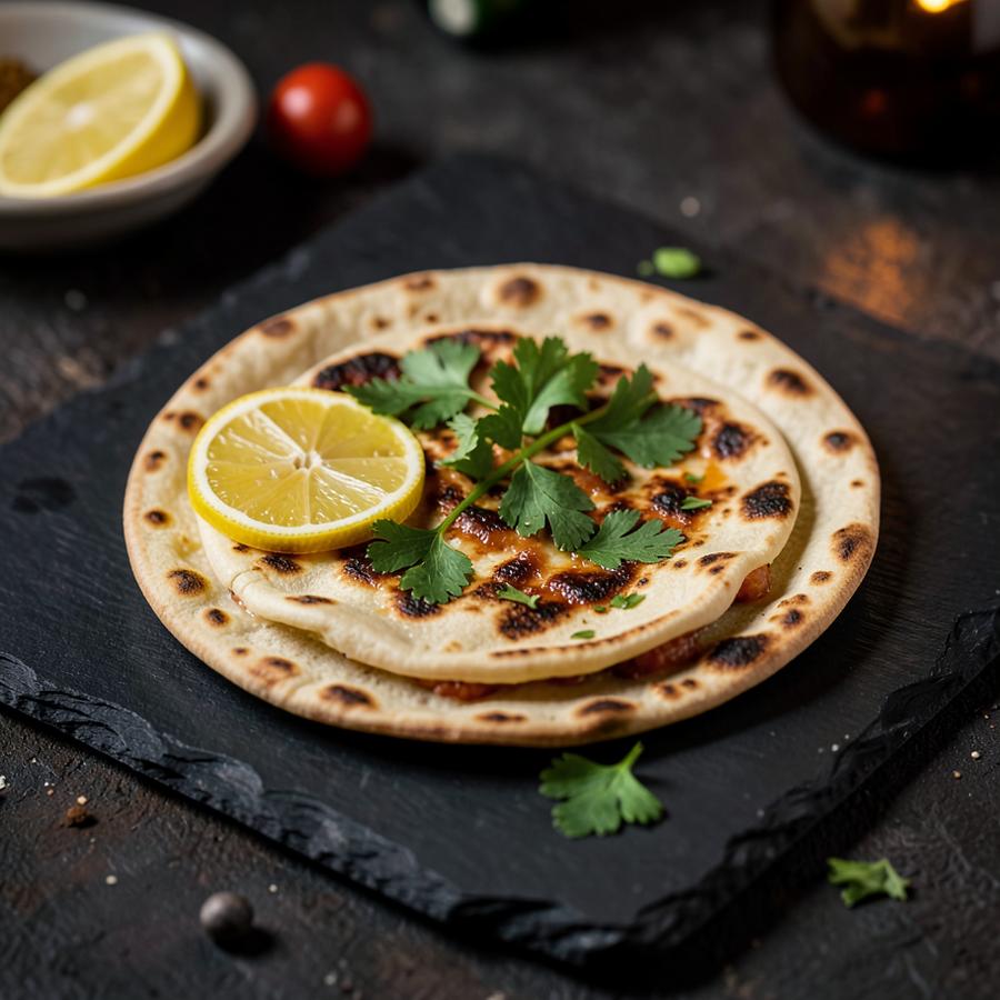 Frisch gebackenes Lahmacun mit Zitrone und Petersilie